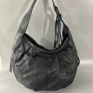 Muxo Camila Alves Black Wrinkle Leather Fringe Hobo Shoulder Bag